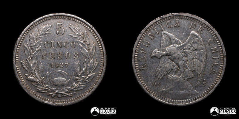 Chile, ceca de Santiago. 5 Pesos. 1957. Anverso: Condor de alas abiertas apoyado...
