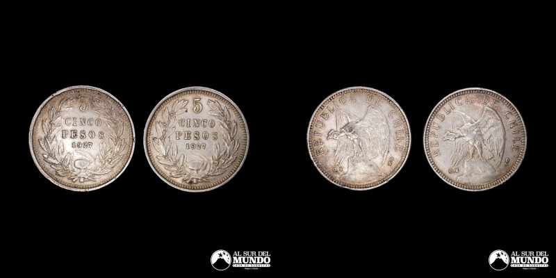 Chile. Pareja de monedas: 5 Pesos 1927. Plata 900; 50 g. (total); 37mm. 

Esti...