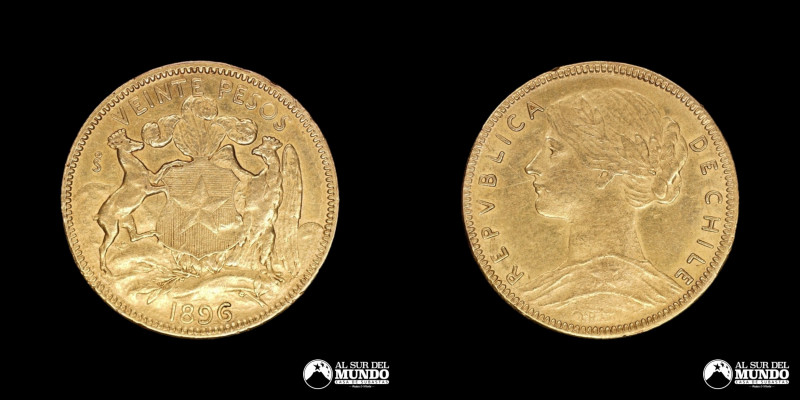 Chile. Republica. 20 Pesos 1896. Oro 917. 27 mm. 11,98 g. Km#158 (XF) Nota: Leve...