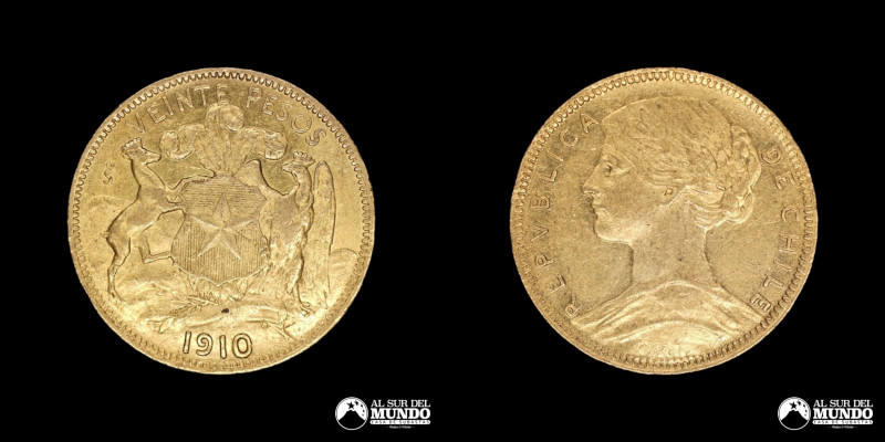 Chile. Republica. 20 Pesos 1910. Oro 917. 27 mm. 11,99 g. Km#158 (XF)

Estimat...