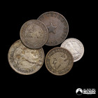 Chile. Lote de cinco monedas de plata y cobre: ½ Centavo 1855, ½ Decimo 1878, 1 Decimo 1881 y 1887, 20 Centavos 1892.