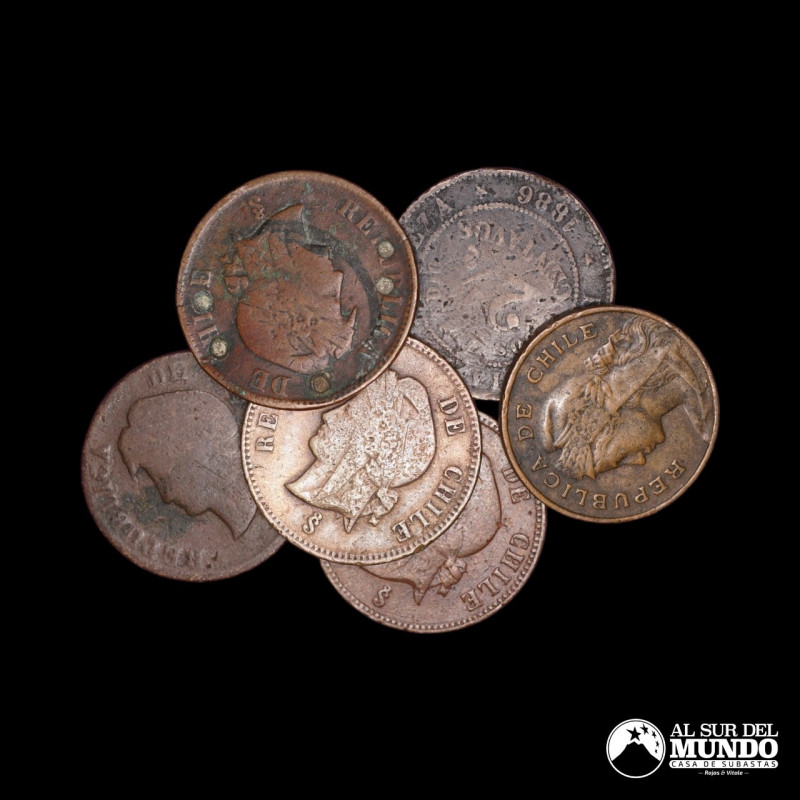 Chile. Lote de seis monedas de cobre a catalogar: 2 ½ Centavos. Años 1886-1907. ...