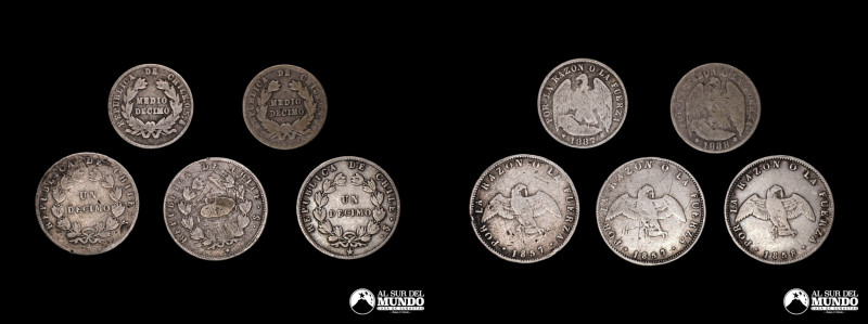 Chile, ceca de Santiago. Lote de cinco monedas de plata: ½ Decimo 1887, 1888; 1 ...