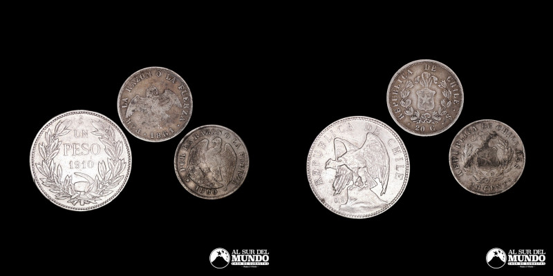 Chile, ceca de Santiago. Lote de tres monedas de plata: 20 Centavos 1861, 1880; ...