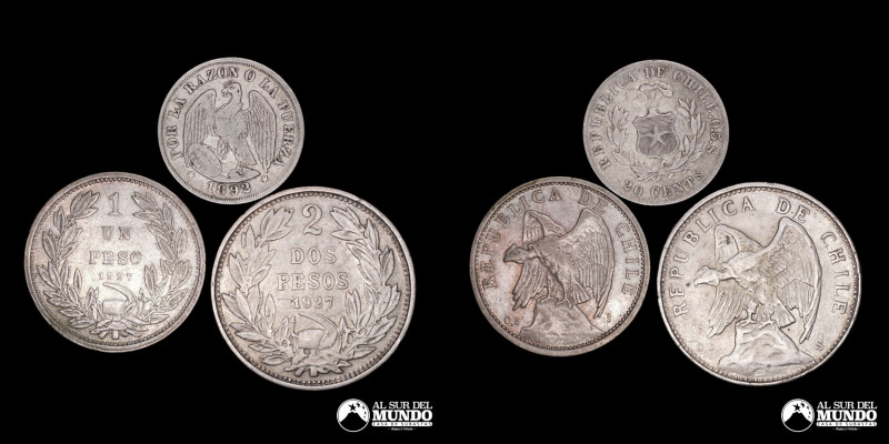 Chile, ceca de Santiago. Lote de tres monedas de plata: 20 Centavos 1892, 1 Peso...