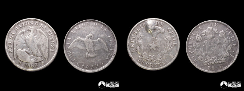Chile, ceca de Santiago. Pareja de monedas de plata: 50 Centavos 1855, 1868. Pes...