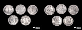 Chile, Santiago. Lote de cinco monedas de aluminio: 1 Peso 1954, 1955, 1956, 1957, 1958.