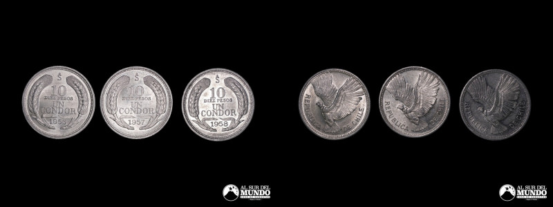 Chile, ceca de Santiago. Lote de tres monedas: 5 Pesos 1956, 1957, 1958. Alumini...