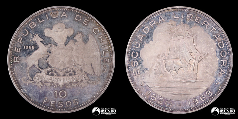 Chile, ceca de Santiago. 10 Pesos. 1968. Moneda conmemorativa: Llegada de la Esc...