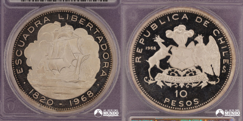 Chile, ceca de Santiago. 10 Pesos. 1968. Moneda conmemorativa: Llegada de la Esc...