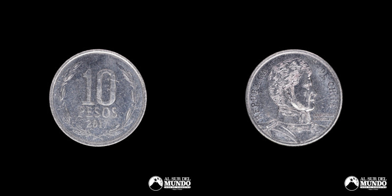 Chile, ceca de Santiago. 10 Pesos. 2017. Metal ferroso; 2,42 g.; 21 mm. XF+. KM ...
