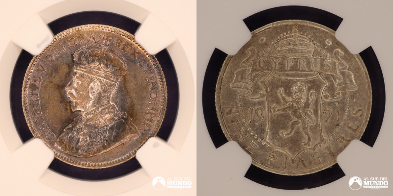 Chipre, Londres. 9 Piastras. 1921. Anverso: Busto coronado del rey Jorge V miran...