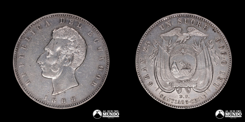 Ecuador, ceca de Santiago (Chile). 1 Sucre. 1888. Anverso: Busto de Antonio Jose...