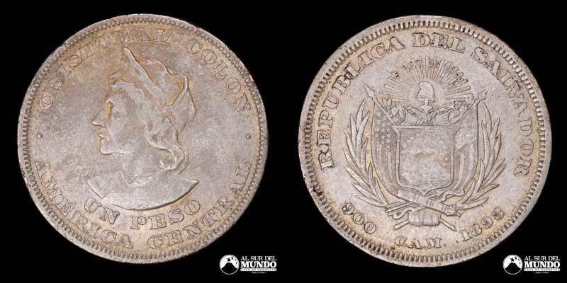 El Salvador. 1 Peso 1893. Plata 900; 37mm; 24.82g; KM115; (XF) Restos de Brillo ...