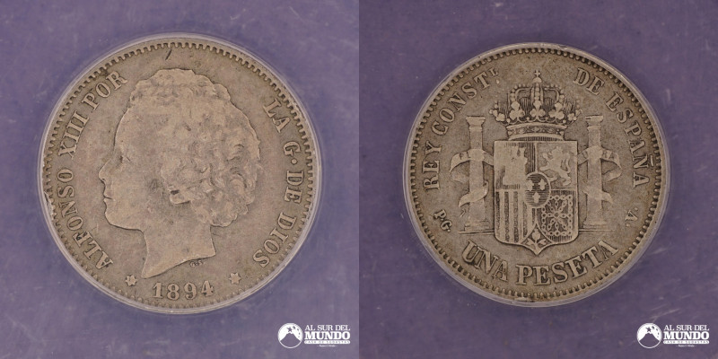España, Madrid. 1 Peseta. 1894. Anverso: Busto infantil del rey Alfonso XIII mir...