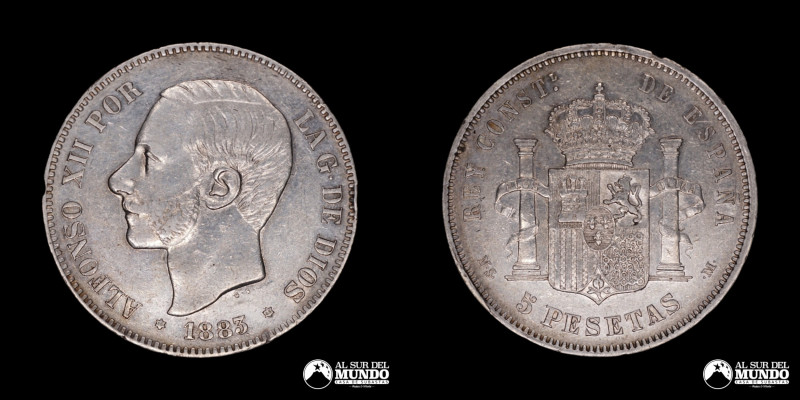 España, ceca de Madrid. 5 Pesetas. 1883 (83). Anverso: Busto de Alfonso XII mira...