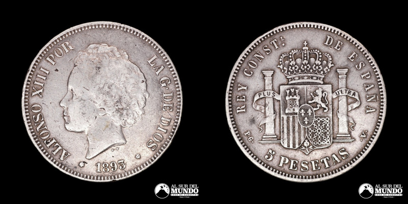 España, ceca de Madrid. 5 Pesetas 1893. Anverso: Busto infantil de Alfonso XIII ...