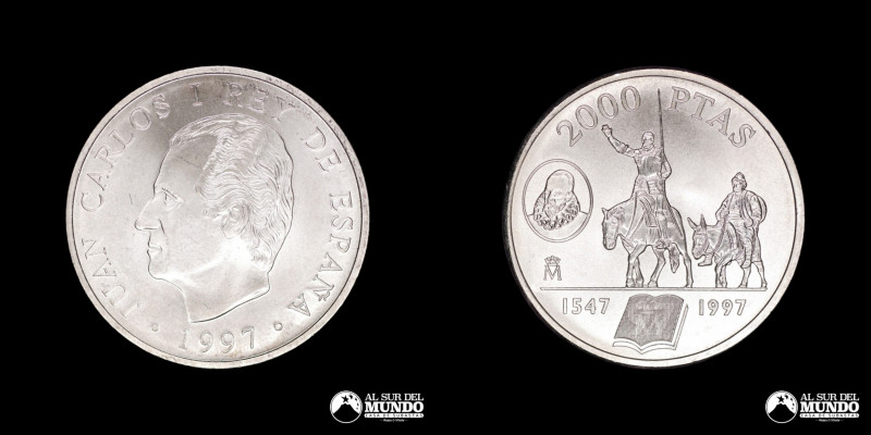 España. Juan Carlos I. 2000 Pesetas 1997, Miguel de Cervantes. Quijote y Sancho....