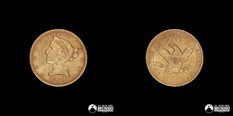 Estados Unidos, ceca de Filadelfia. 5 Dolares. 1904. Anverso: Busto de la Libert...