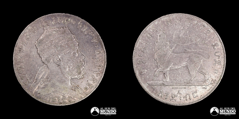 Etiopia, ceca de Paris (Francia). 1 Birr. 1897. Anverso: Busto coronado de Menel...