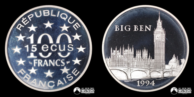 Francia. 100 Francos / 15 Ecus 1994. Big Ben. Plata 900. 37 mm. 22,21 g. SKM (UN...