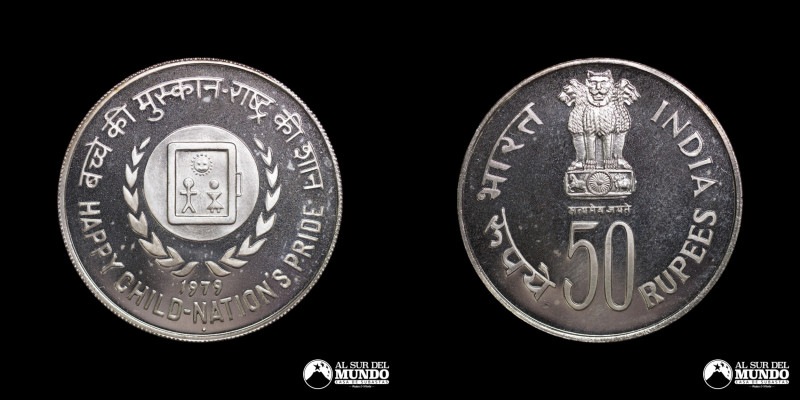 India. Republica. 50 Rupias 1979. Moneda conmemorativa: Año Internacional del Ni...