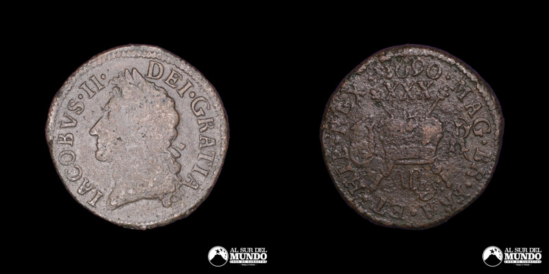 Irlanda. 30 Peniques. 1690. Reinado de Jacobo II (1685-1691). Anverso: Busto de ...