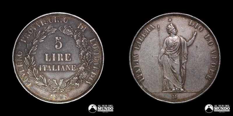 Italia, ceca de Milan. 5 Liras. 1848. Plata 900; 25 g.; 37 mm. XF. C 22.

Esti...