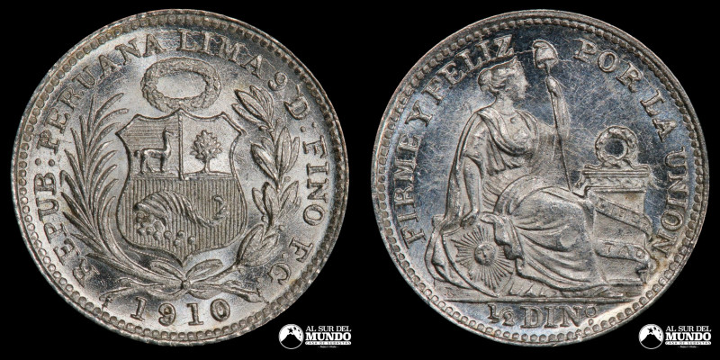 Peru, ceca de Lima. ½ Dinero. 1910. Ensayadores: FG. Plata 900; 1,25 g.; 15 mm. ...