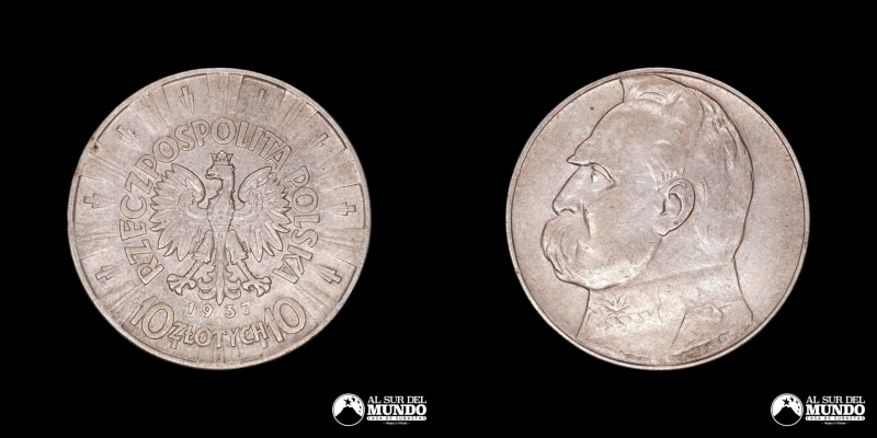 Polonia. 10 Złotych 1937. Anverso: Emblema nacional polaco al centro; año y valo...