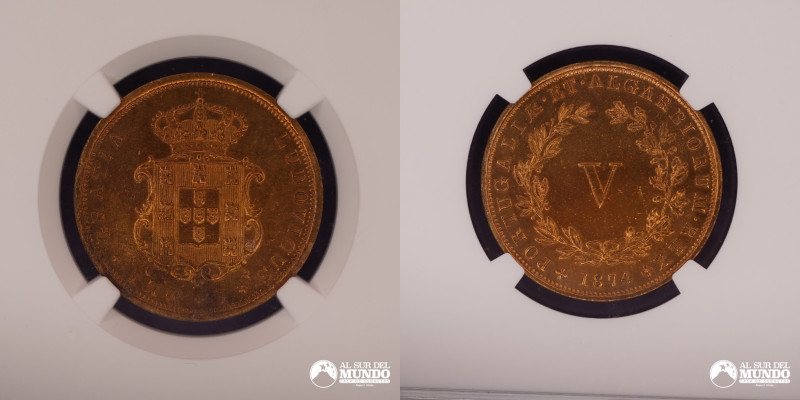 Portugal. 5 Reis 1874. Cobre; 6,3 g.; 27 mm. NGC UNC Details (Excessive Surface ...