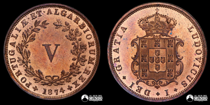 Portugal. 5 Reis 1874. Cobre; 6,3 g.; 27 mm. PCGS MS64RB. KM 513.

Estimate: U...