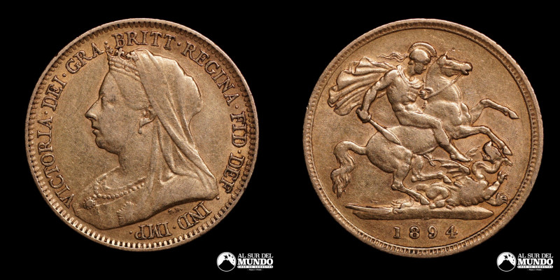 Reino Unido, ceca de Londres. ½ Soberano. 1894. Reinado de Victoria (1837-1901)....