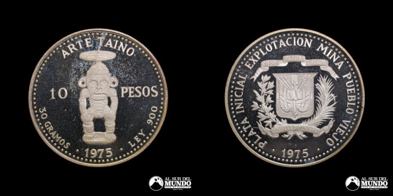 Republica Dominicana. 10 Pesos. 1975. Moneda conmemorativa: Primera extraccion d...