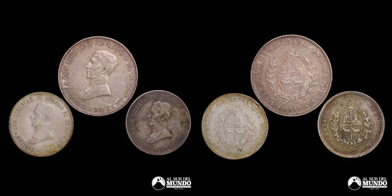 Uruguay. Lote de tres monedas de plata: 20 Centesimos 1920, 50 Centesimos 1917. ...