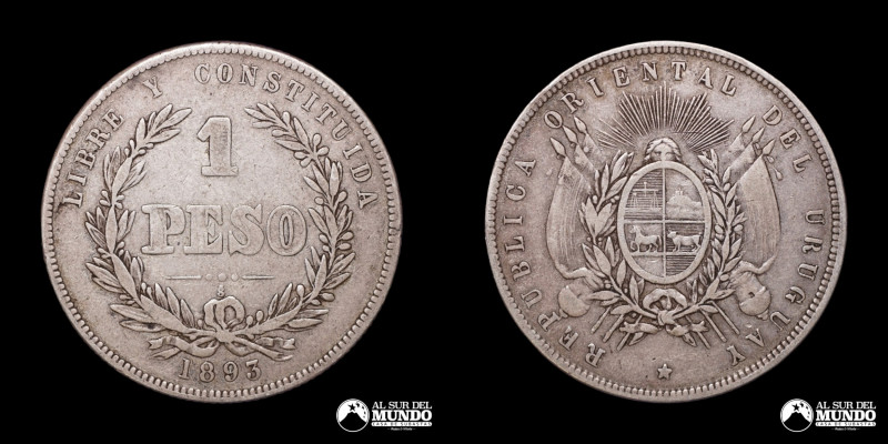 Uruguay, ceca de Santiago (Chile). 1 Peso. 1893. Anverso: Escudo nacional urugua...