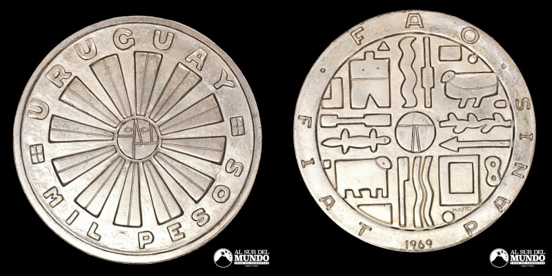 Uruguay, ceca de Santiago (Chile). 1.000 Pesos. 1969. Moneda conmemorativa: Orga...