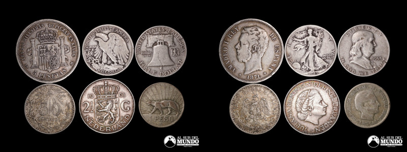 Lote de seis monedas mundiales de plata a clasificar: España, Estados Unidos, Me...