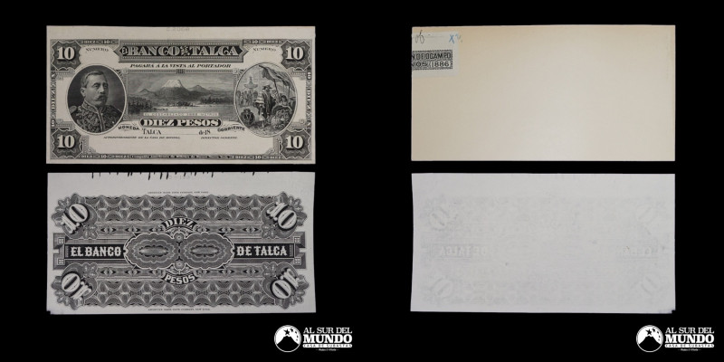 Chile. Banco de Talca. 10 Pesos. Billete de prueba. Anverso pegado a carton orig...