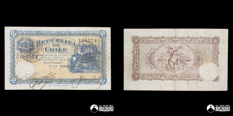 Chile, Republica. 2 Pesos. 13 de Abril de 1925. Firmas: Rengifo-Barriga. VF.

...