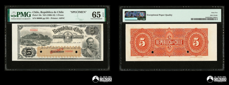 Chile. Republica. 5 Pesos 1898 - 1911. Billete Especimen. Tercera Emision Fiscal...
