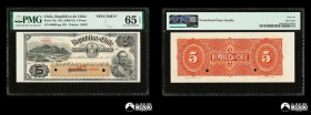 Chile, Republica. 5 Pesos. 1906-1916. PMG Gem UNC 65. ESPECIMEN.