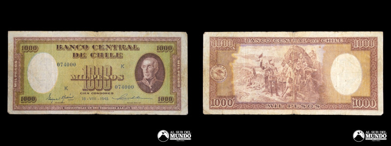 Chile. Banco Central. 1000 Pesos 18 - VIII - 1943. Oyarzun - Maschke. P#99 (VF)...