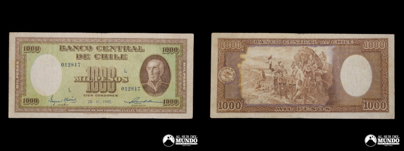 Chile. Banco Central. 1.000 Pesos 28 - Febrero - 1945. Banco Central. Firmas Oya...