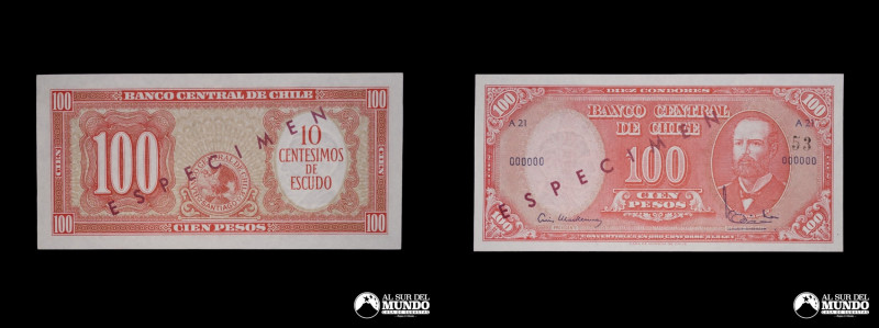 Chile. Banco Central. ESPECIMEN. 10 Centesimos de Escudo, Sobre 100 Pesos 1960 -...