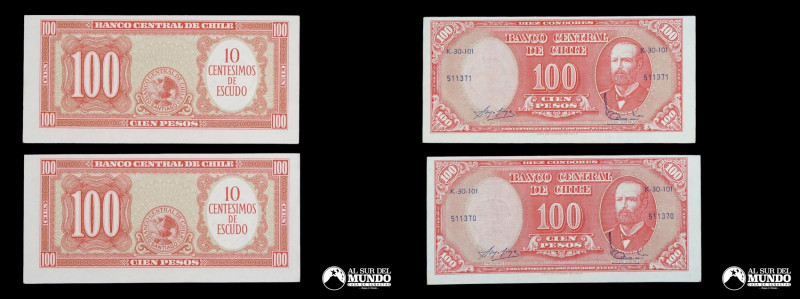 Chile. Banco Central. 2 Billetes Correlativos. Con Error de Corte desplazado. 10...