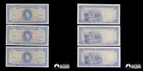 Chile, Banco Central. Lote de tres billetes correlativos: ½ Escudo. 1962-1975.