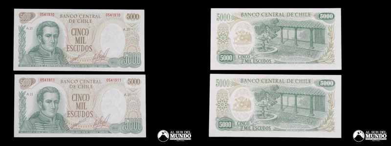 Chile. Banco Central. 5.000 Escudos 1974 - 1975. Cano - Molina. 2 Unidades Corre...