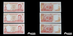 Chile, Banco Central. Lote de tres billetes correlativos: 10 Pesos. 1975. SERIE BAJA.
