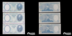 Chile, Banco Central. Lote de tres billetes correlativos: 50 Pesos. 1976.
